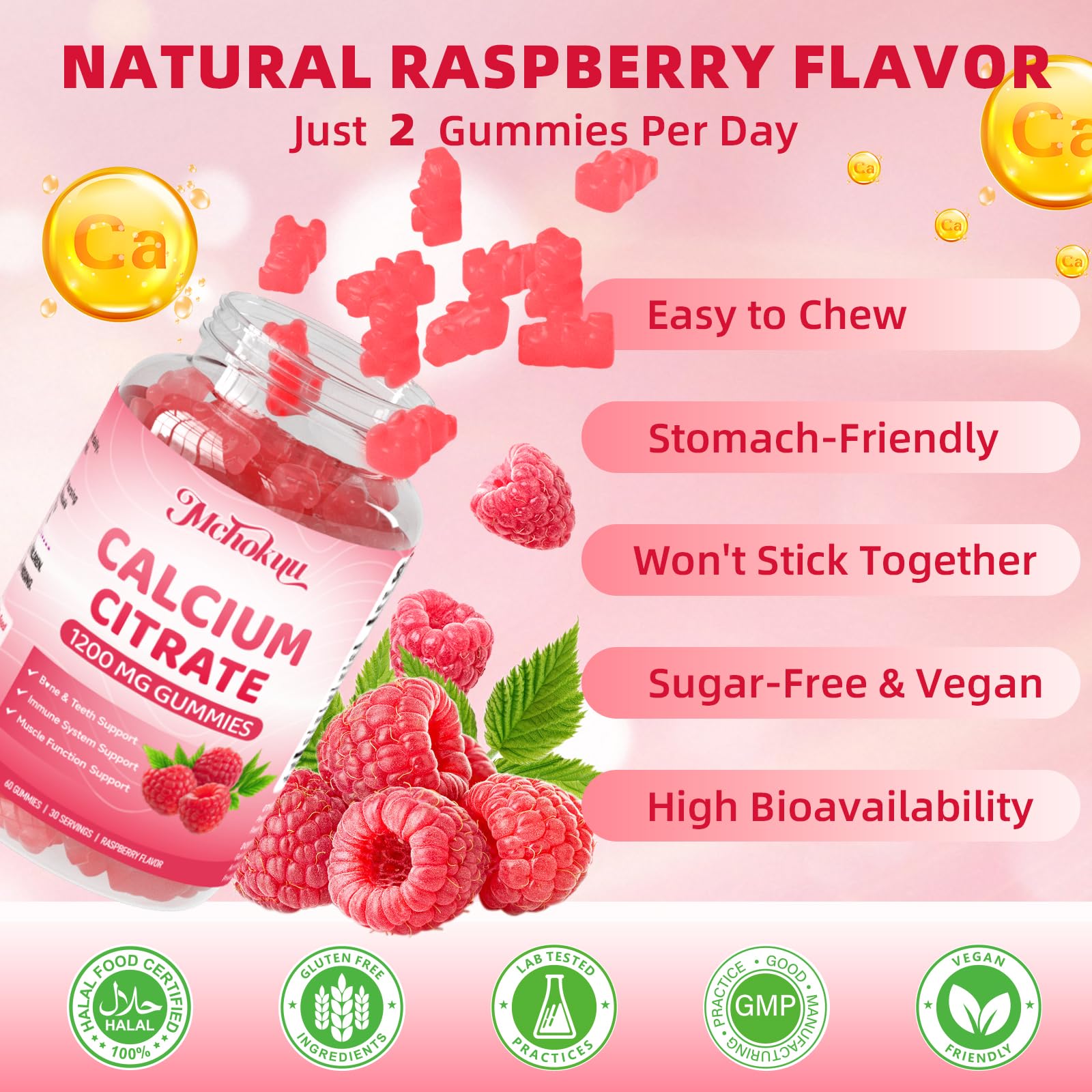 Mchokuu calcium gummies pack on counter, 60-count bottle