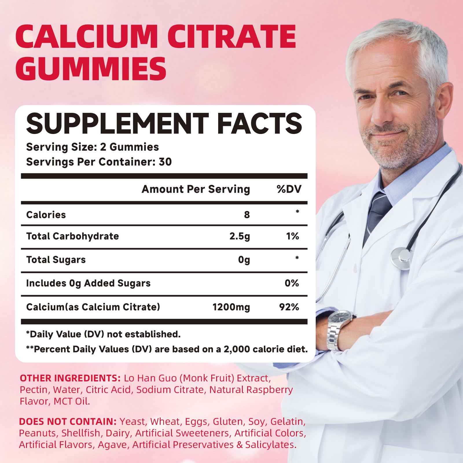 Mchokuu raspberry-flavored gummies label highlighting sugar-free calcium
