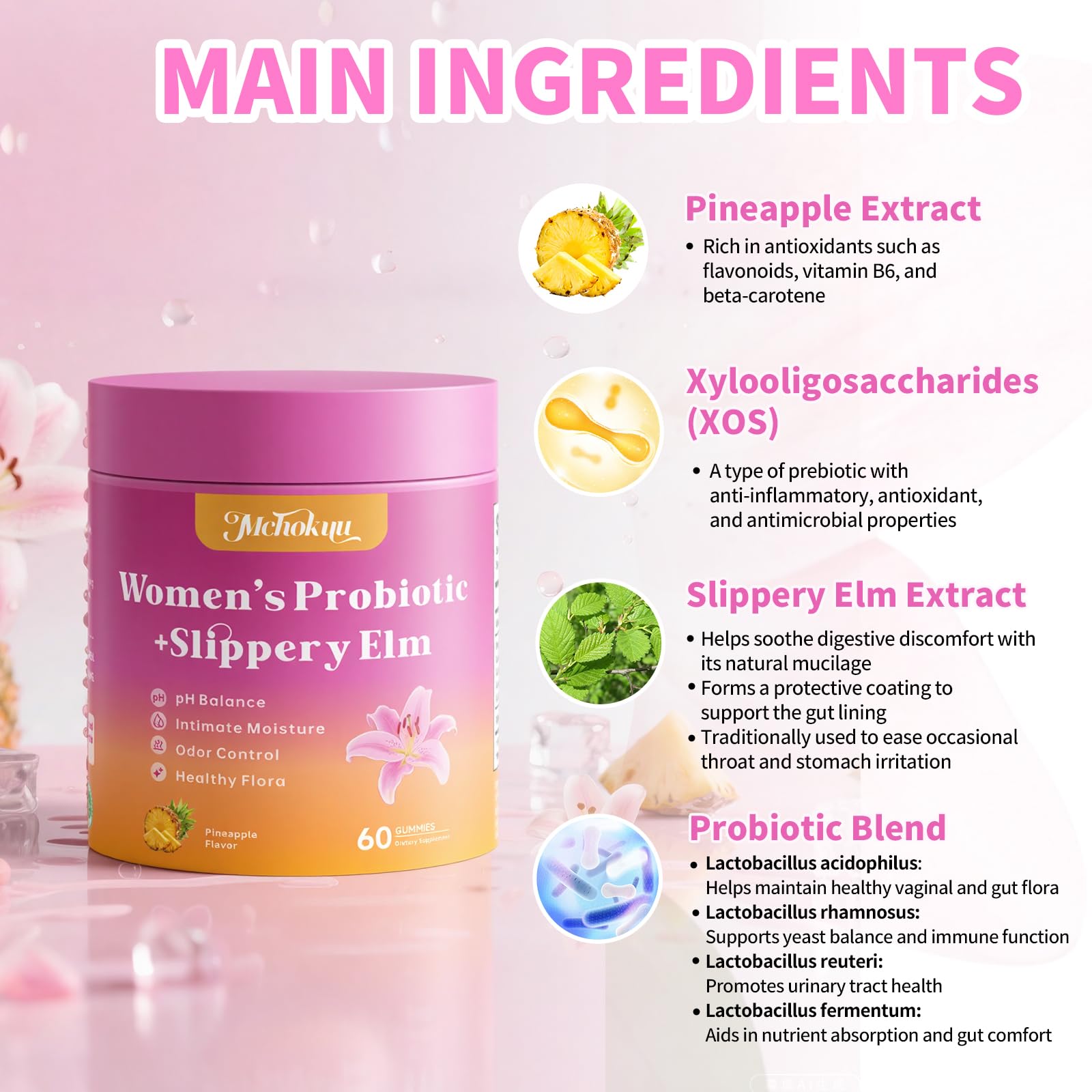 Mchokuu gummies packaging highlights ingredient blend and daily use.