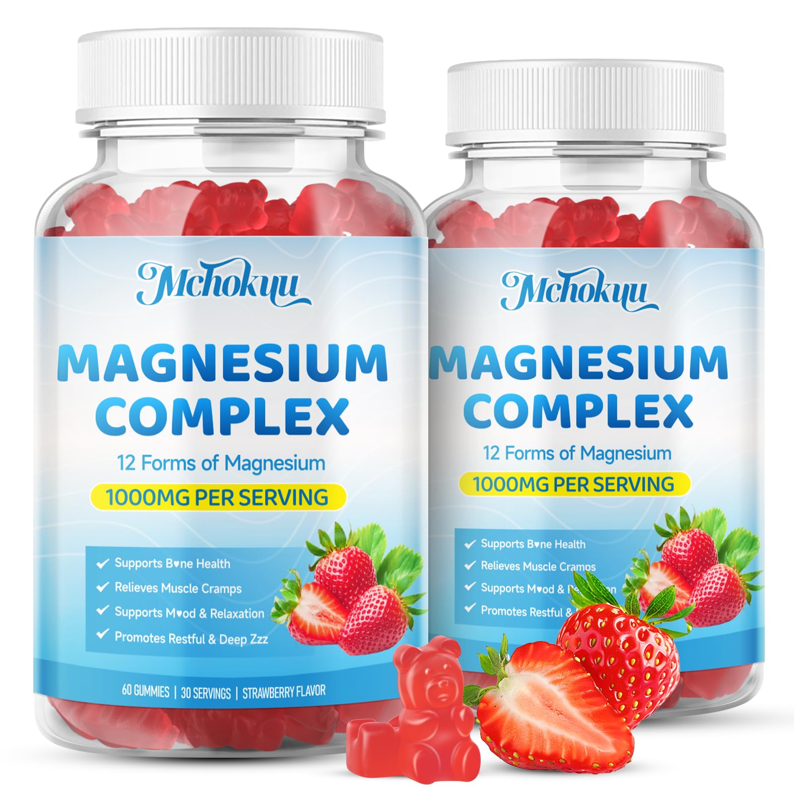 Mchokuu Magnesium Complex Gummies bottle shown for daily wellness with a 12-in-1 blend