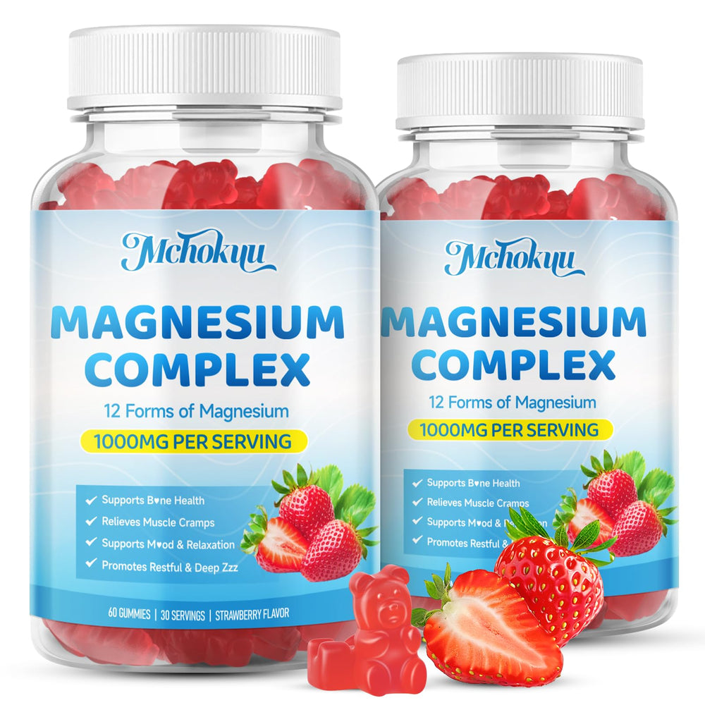 Mchokuu Magnesium Complex Gummies bottle shown for daily wellness with a 12-in-1 blend
