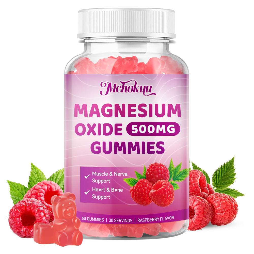Mchokuu Magnesium Oxide Gummies bottle shows 60 chewables for daily support