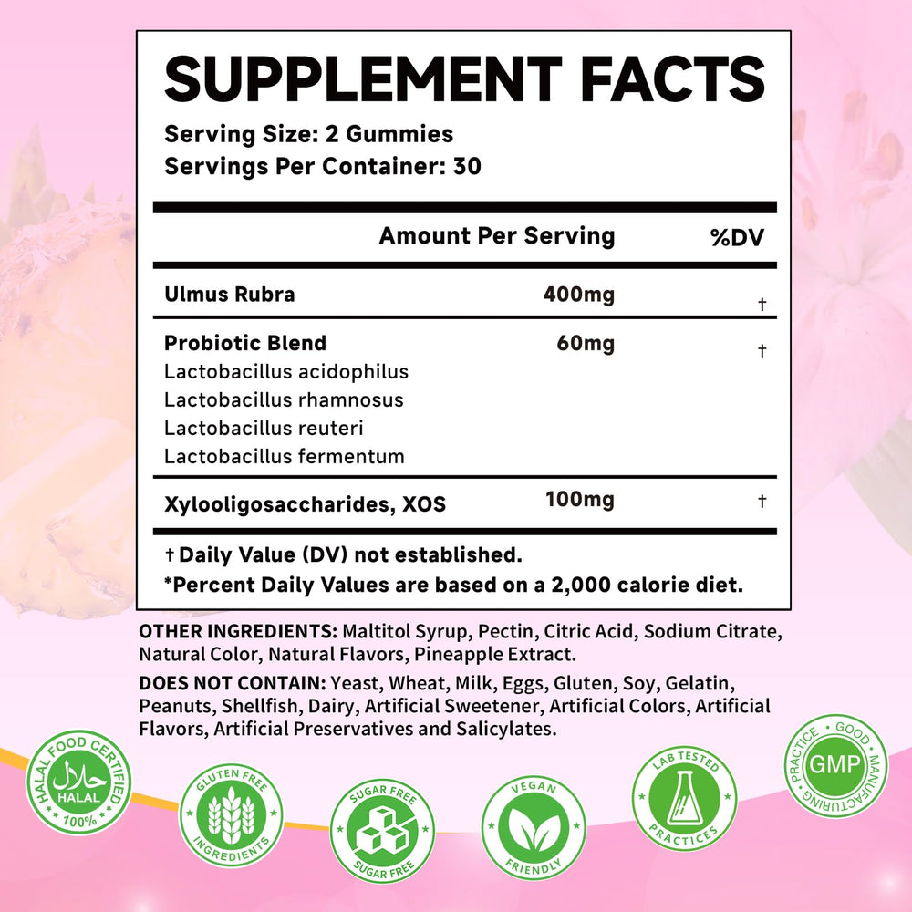Mchokuu Her Juicy Probiotics Gummies closeup showing pineapple flavor for daily wellness.