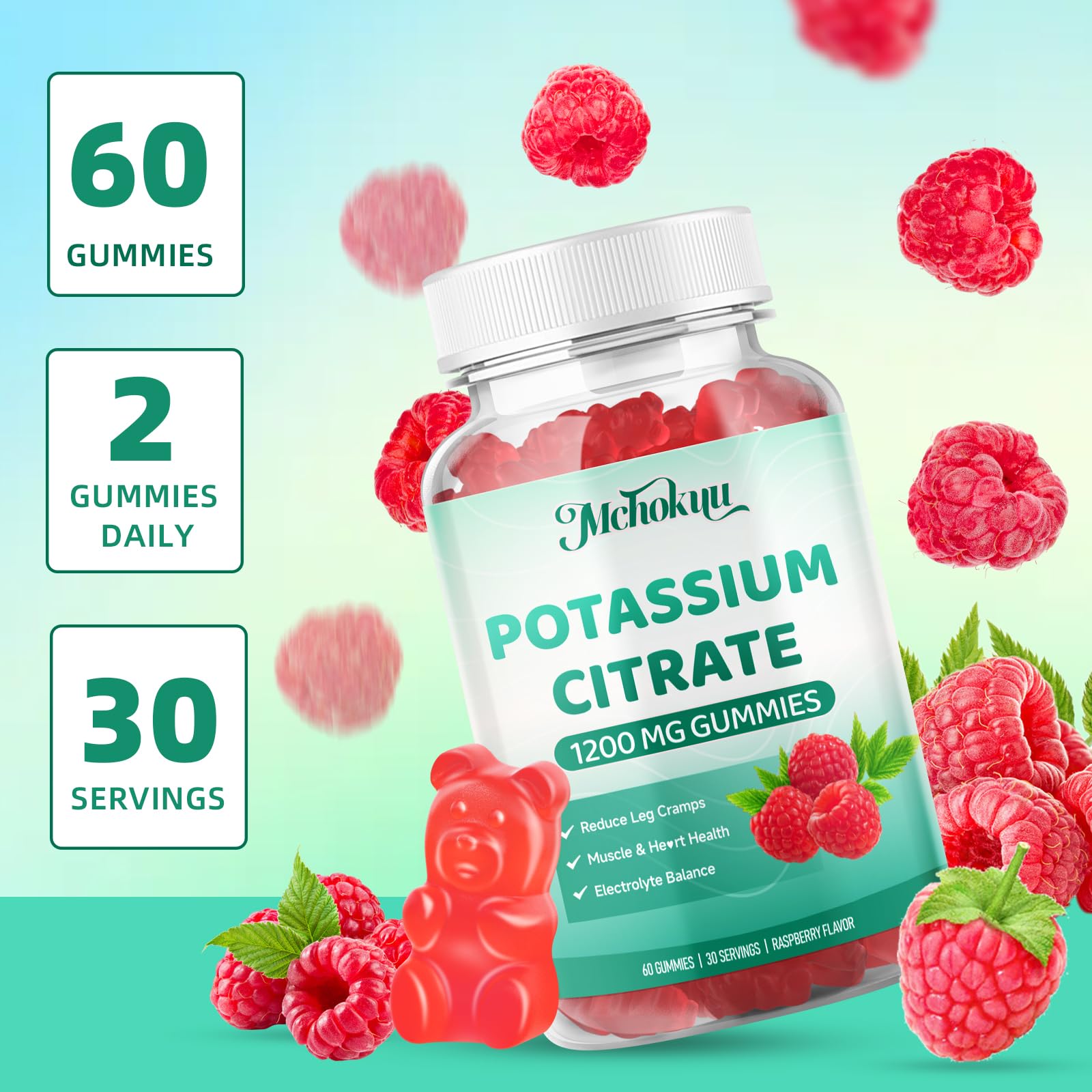 Mchokuu Potassium Citrate Gummies label highlights 1200mg per serving for potent support.