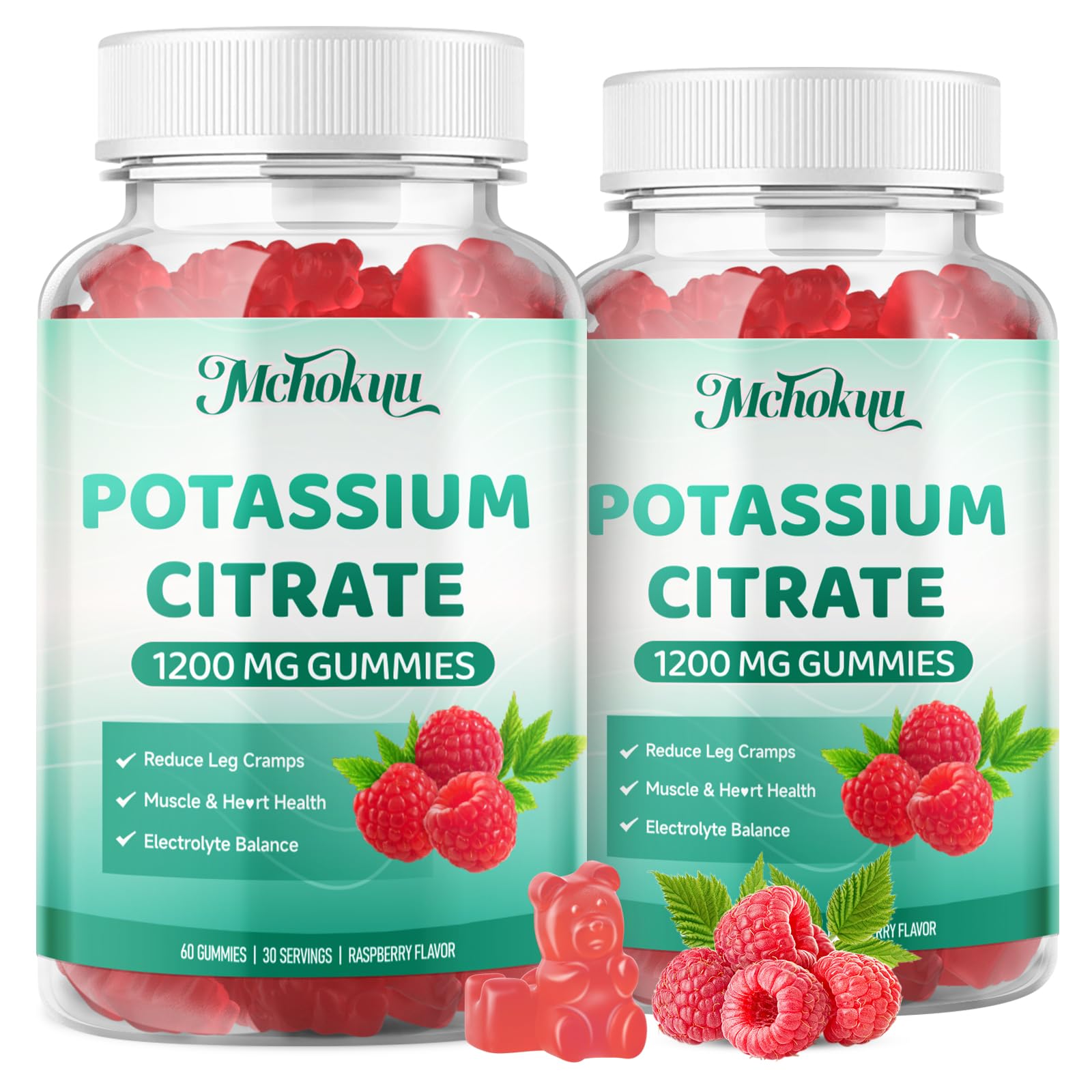 Mchokuu Potassium Citrate Gummies bottle suggests potential support for muscle function and hydration.