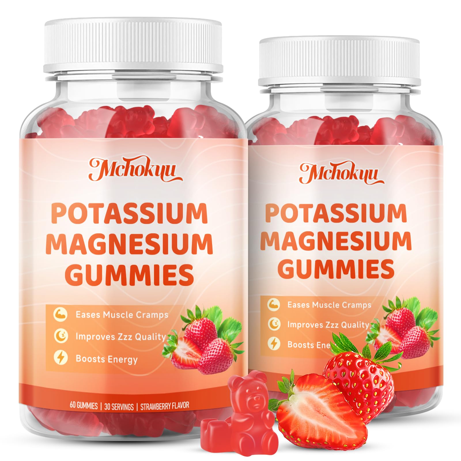 Mchokuu Potassium Magnesium Gummies bottle supports daily energy and muscle health.