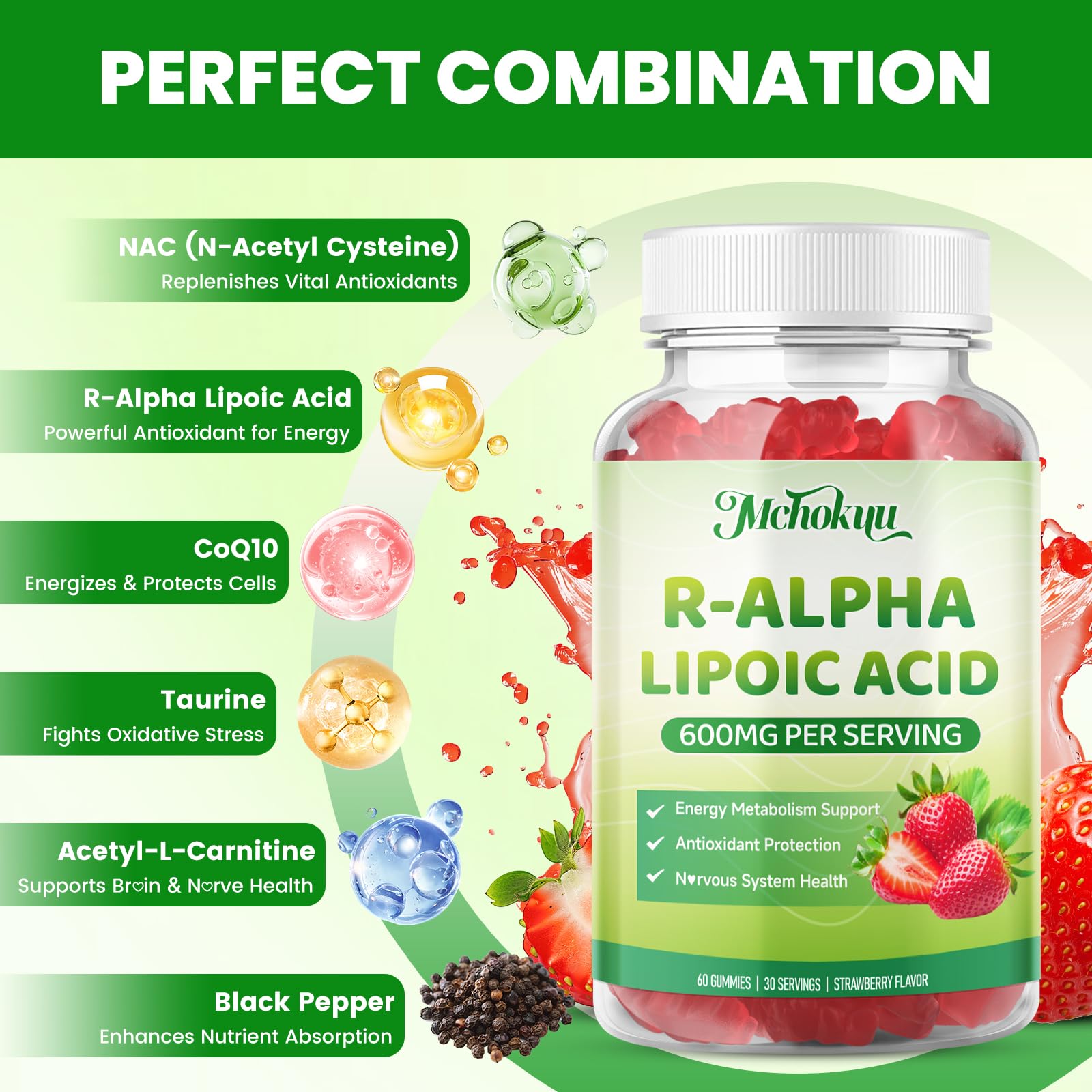 Mchokuu R-ALA bottle pour shows quick daily use for energy and metabolism support