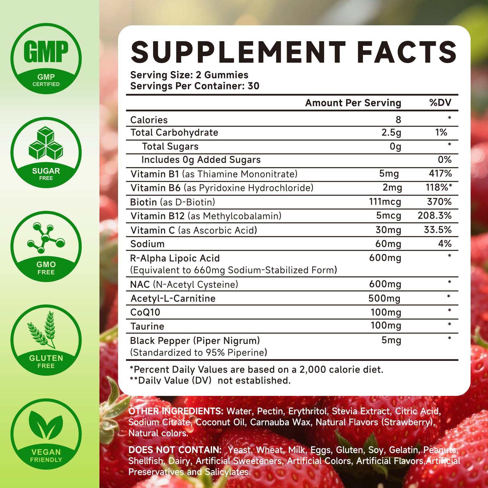 Mchokuu R Alpha Lipoic Acid gummies closeup label highlighting vegan, non-GMO benefits