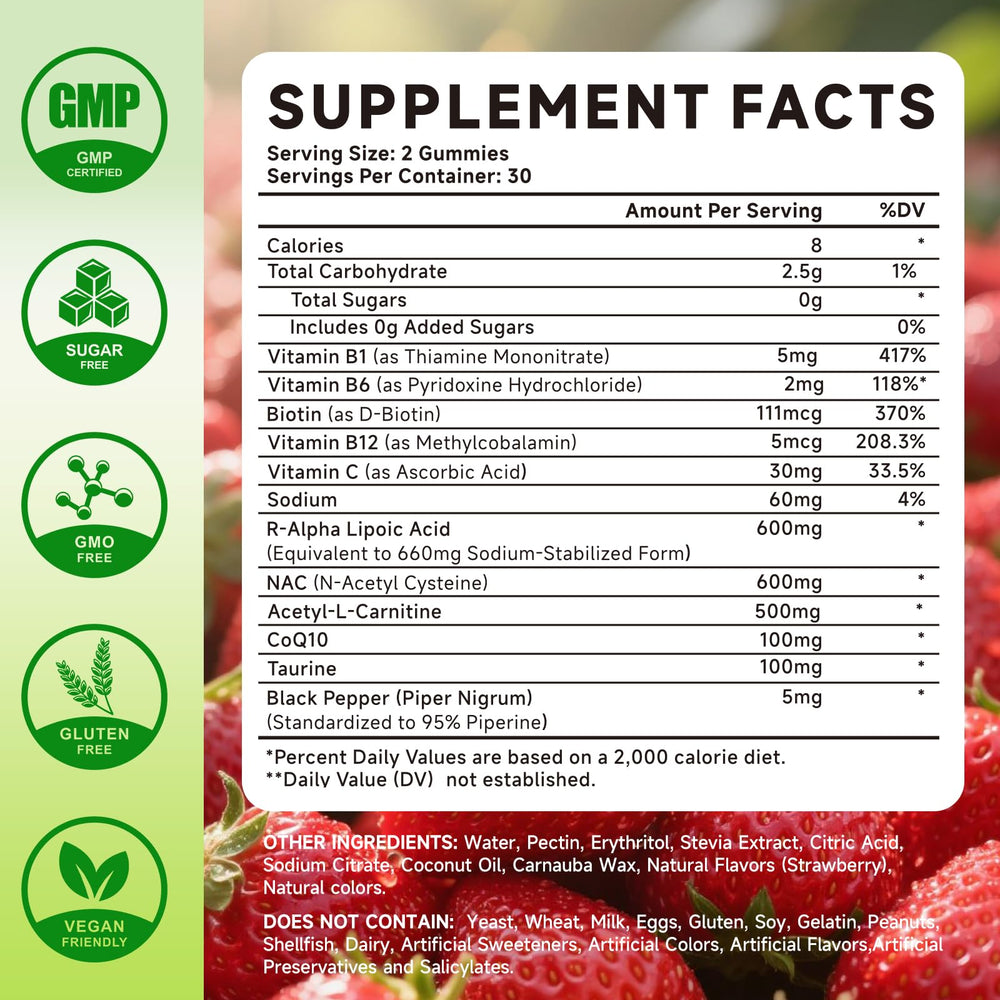 Mchokuu R Alpha Lipoic Acid gummies closeup label highlighting vegan, non-GMO benefits