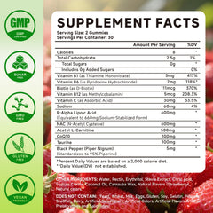Mchokuu R Alpha Lipoic Acid gummies closeup label highlighting vegan, non-GMO benefits