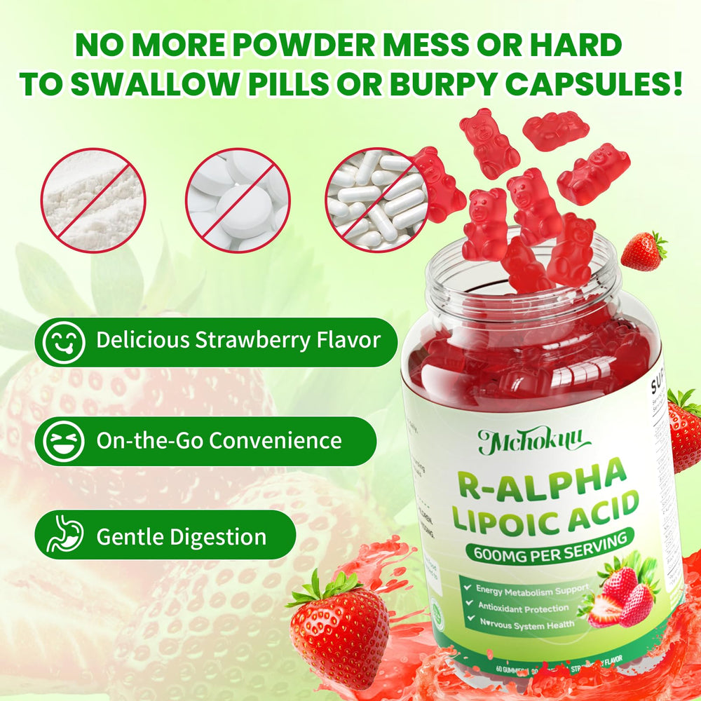 Mchokuu gummies strawberry closeup emphasizes flavor appeal and daily wellness routine