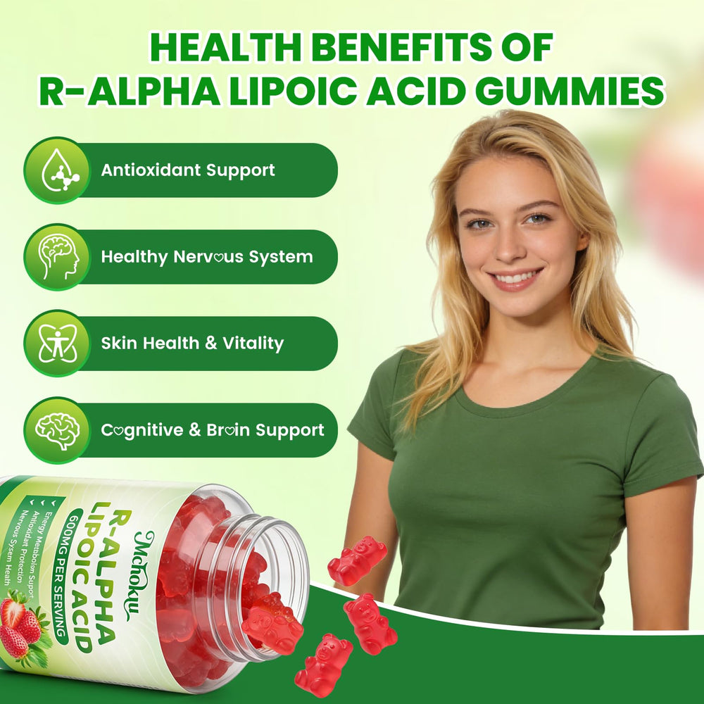 Mchokuu R Alpha Lipoic Acid gummies ingredients panel emphasizes R-ALA and antioxidant vitamins for support