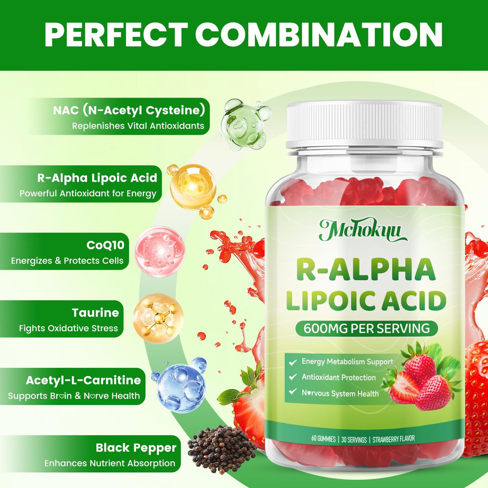 Mchokuu R Alpha Lipoic Acid gummies packaging highlights 60-count vegan non-GMO gluten-free attributes