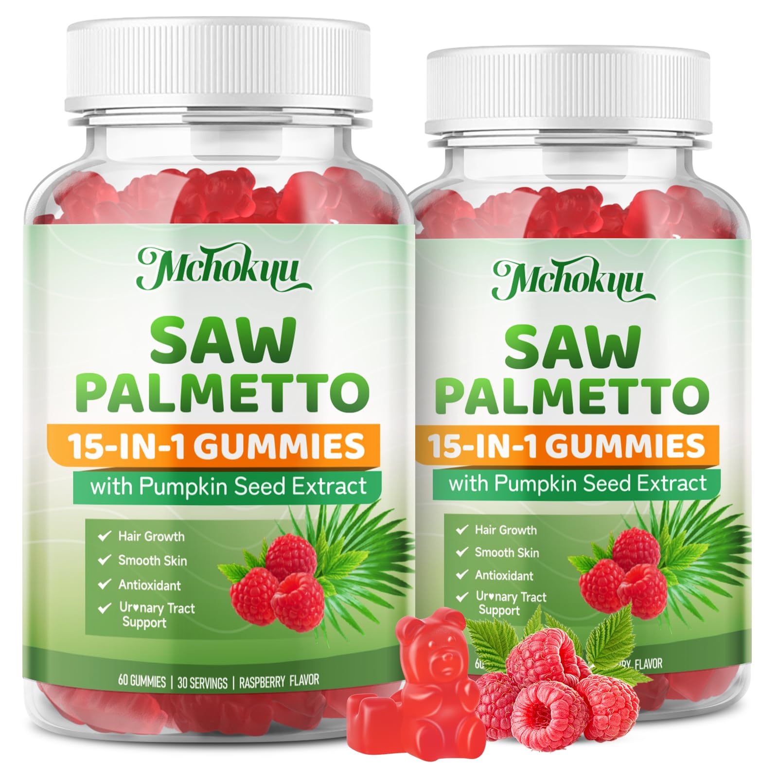 Mchokuu Saw Palmetto Gummies raspberry bottle for tasty daily wellness