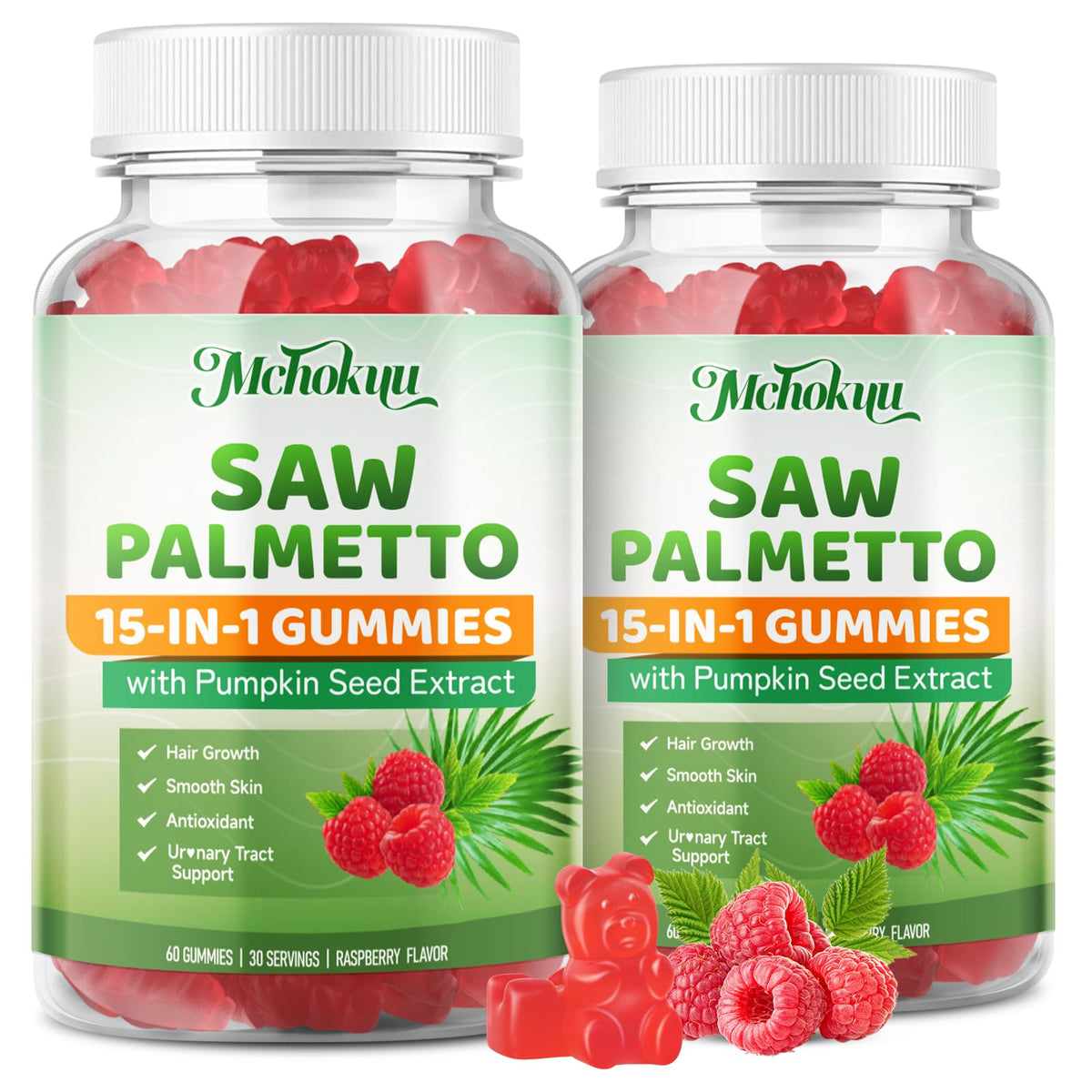 Mchokuu Saw Palmetto Gummies raspberry bottle for tasty daily wellness