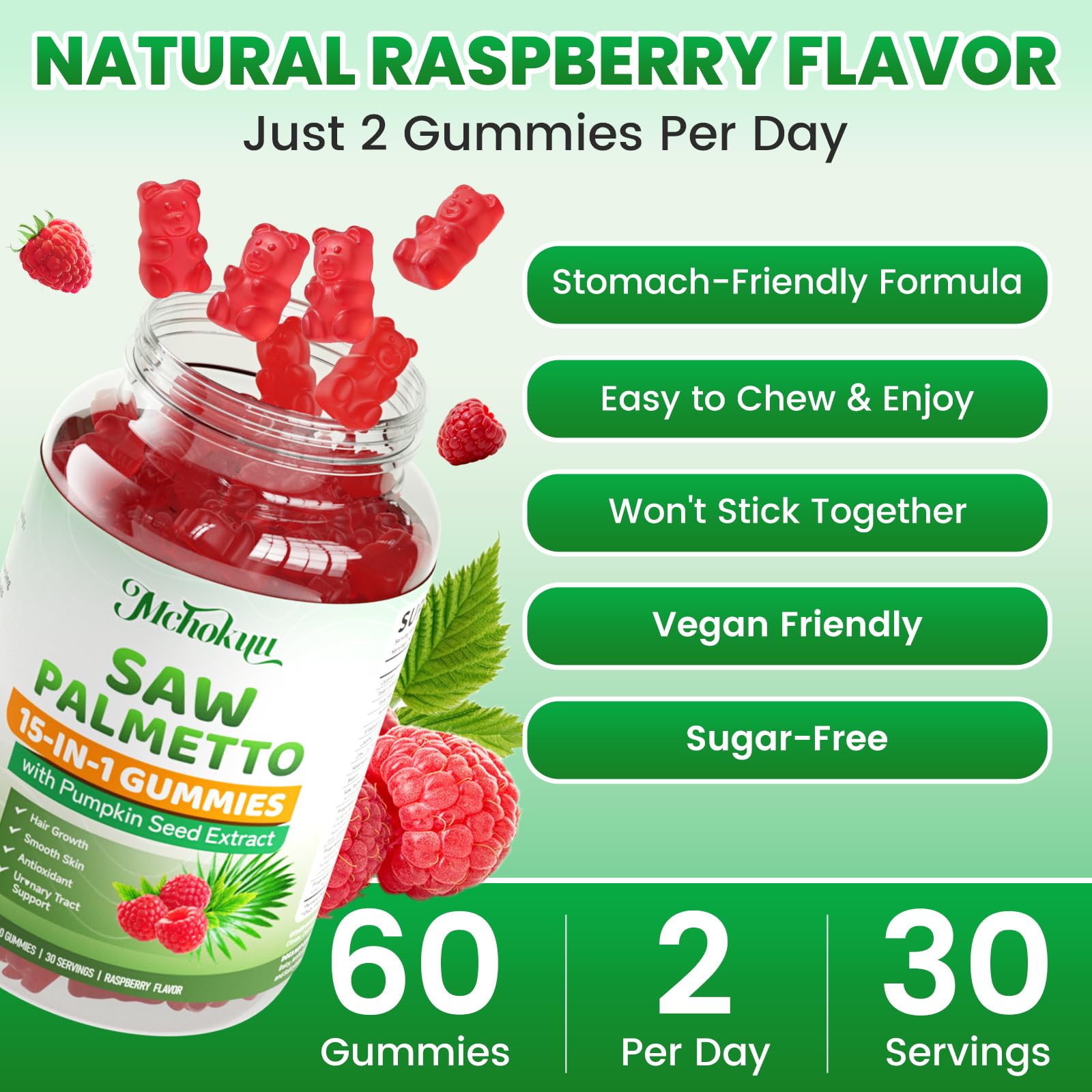Vegan label on Mchokuu Saw Palmetto Gummies indicating plant-based formula