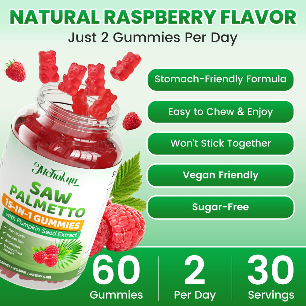 Vegan label on Mchokuu Saw Palmetto Gummies indicating plant-based formula