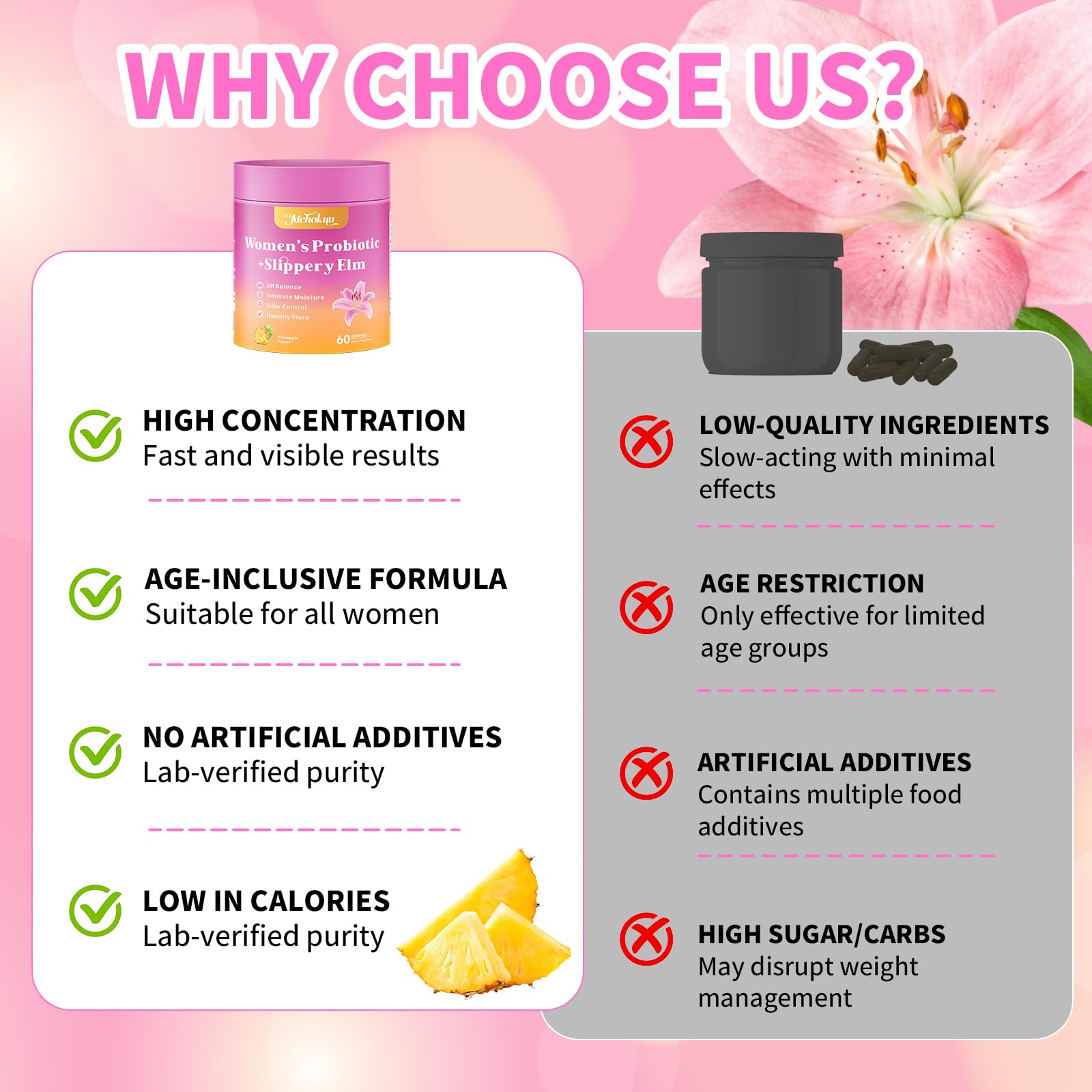 Mchokuu slippery elm and lactobacillus blend shown as key ingredients.