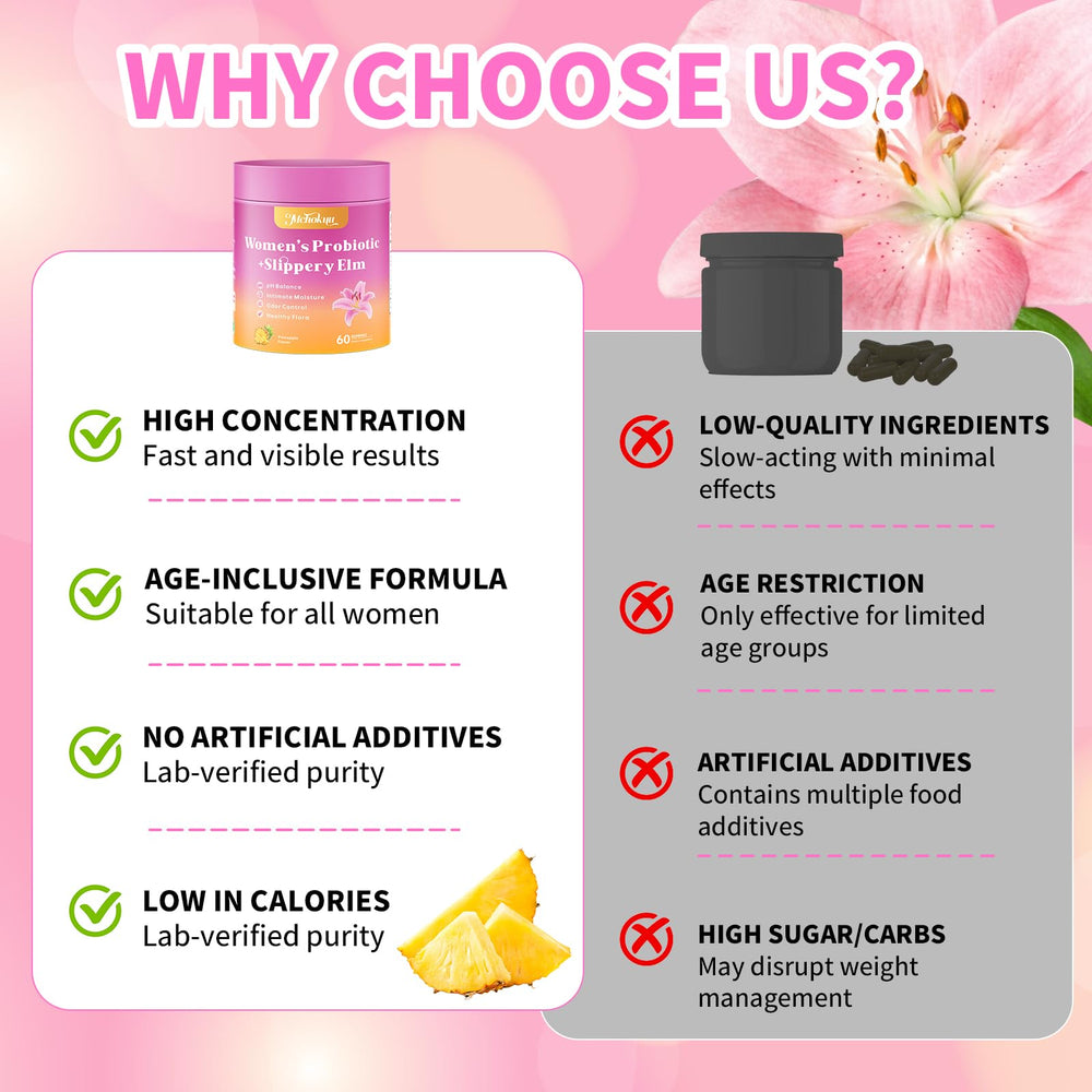 Mchokuu slippery elm and lactobacillus blend shown as key ingredients.