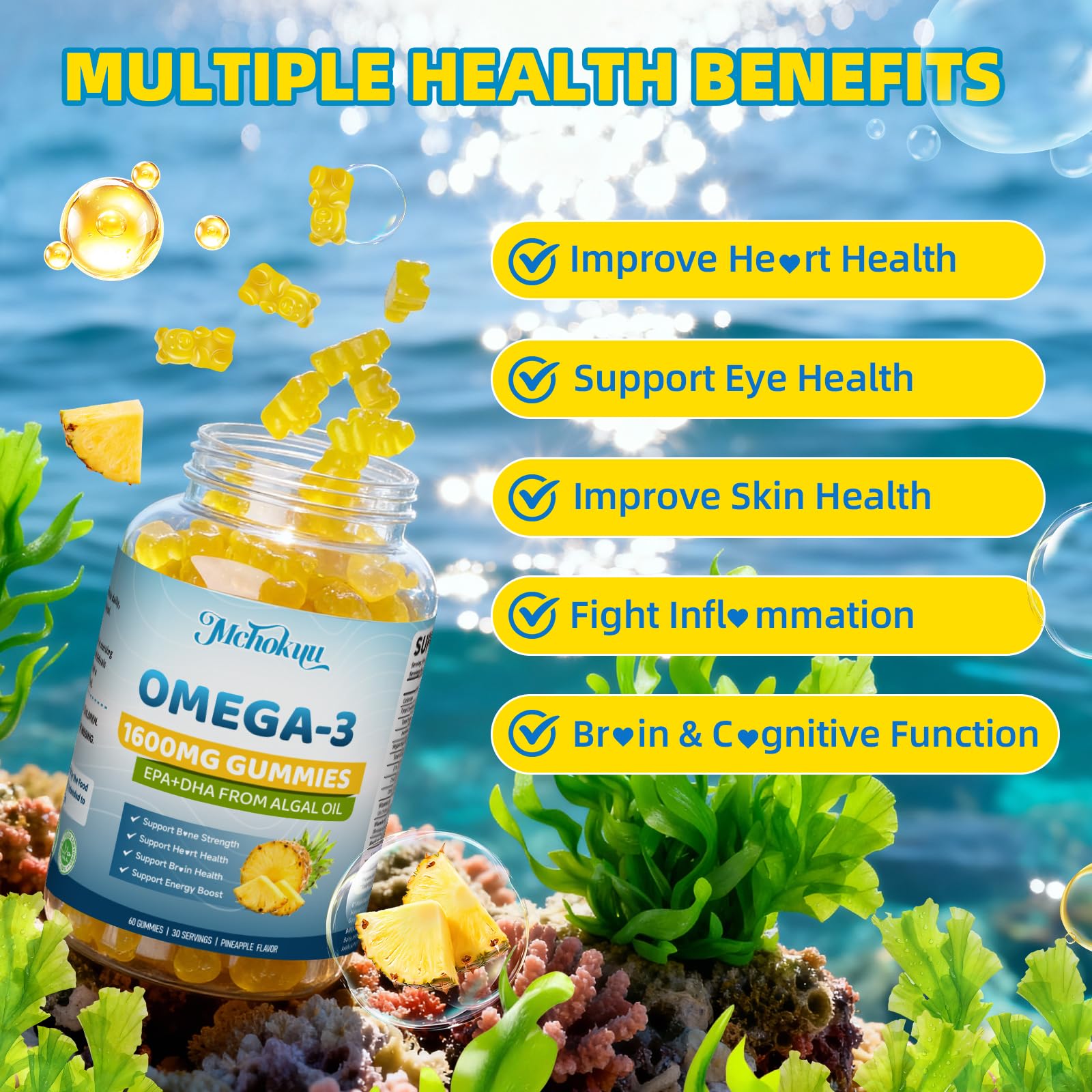 Mchokuu algal-oil focus graphic highlights plant-based EPA and DHA source.