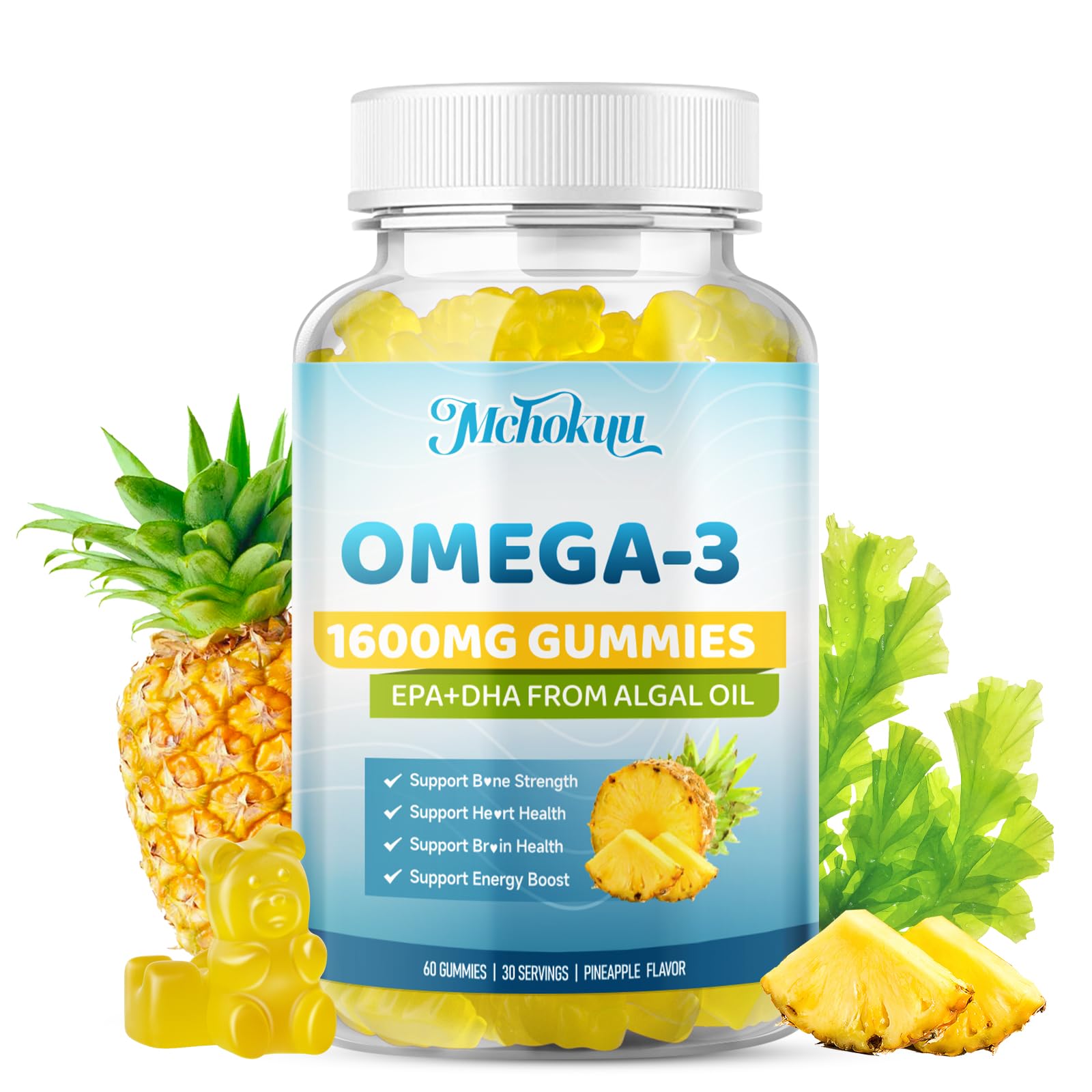 Mchokuu vegan omega-3 gummies bottle showing pineapple flavor for daily wellness.