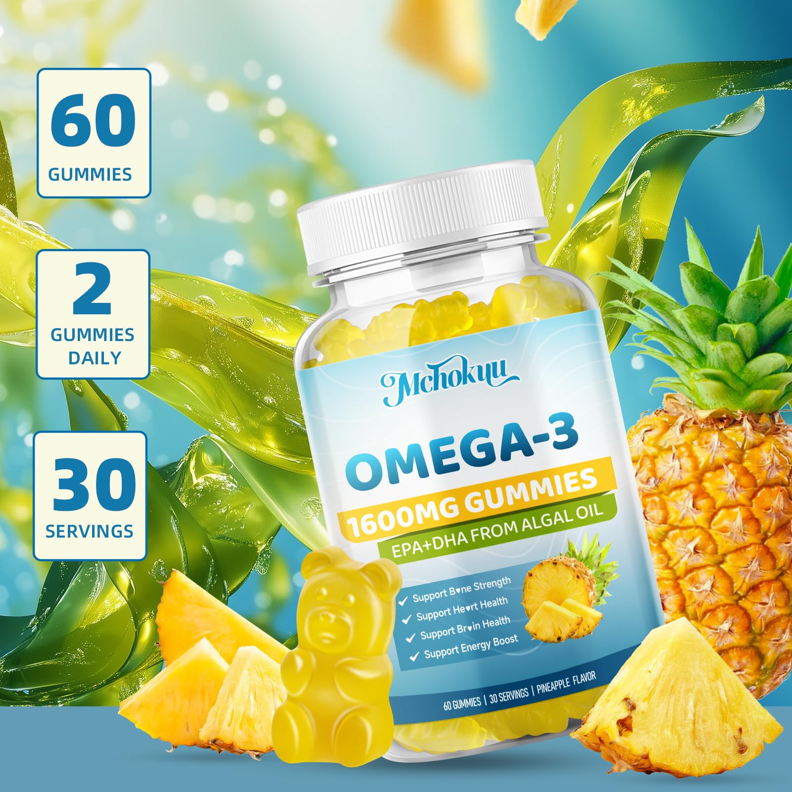 Mchokuu kids-dose packaging reflects family-friendly omega-3 gummies.