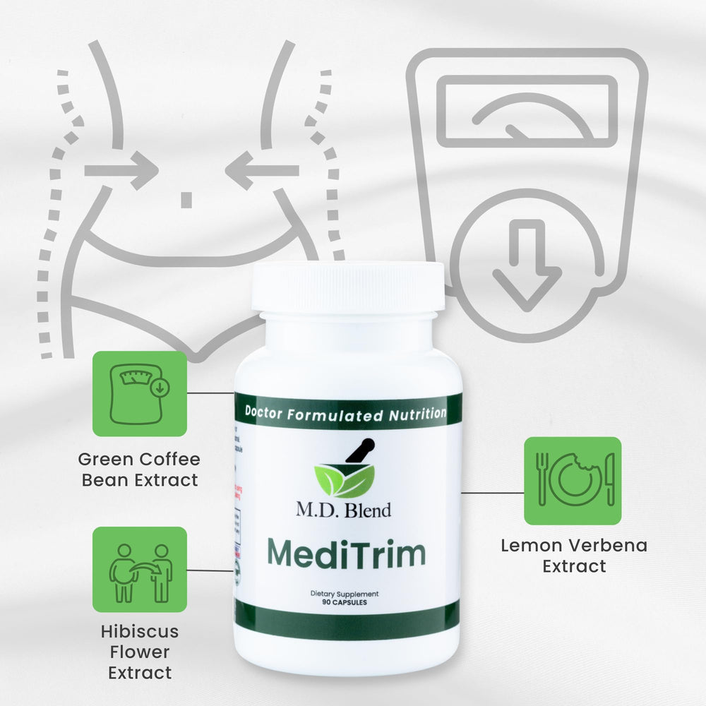 Apple cider vinegar droplets with MediTrim branding implying metabolic balance.