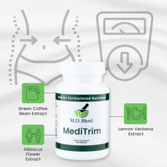 Apple cider vinegar droplets with MediTrim branding implying metabolic balance.