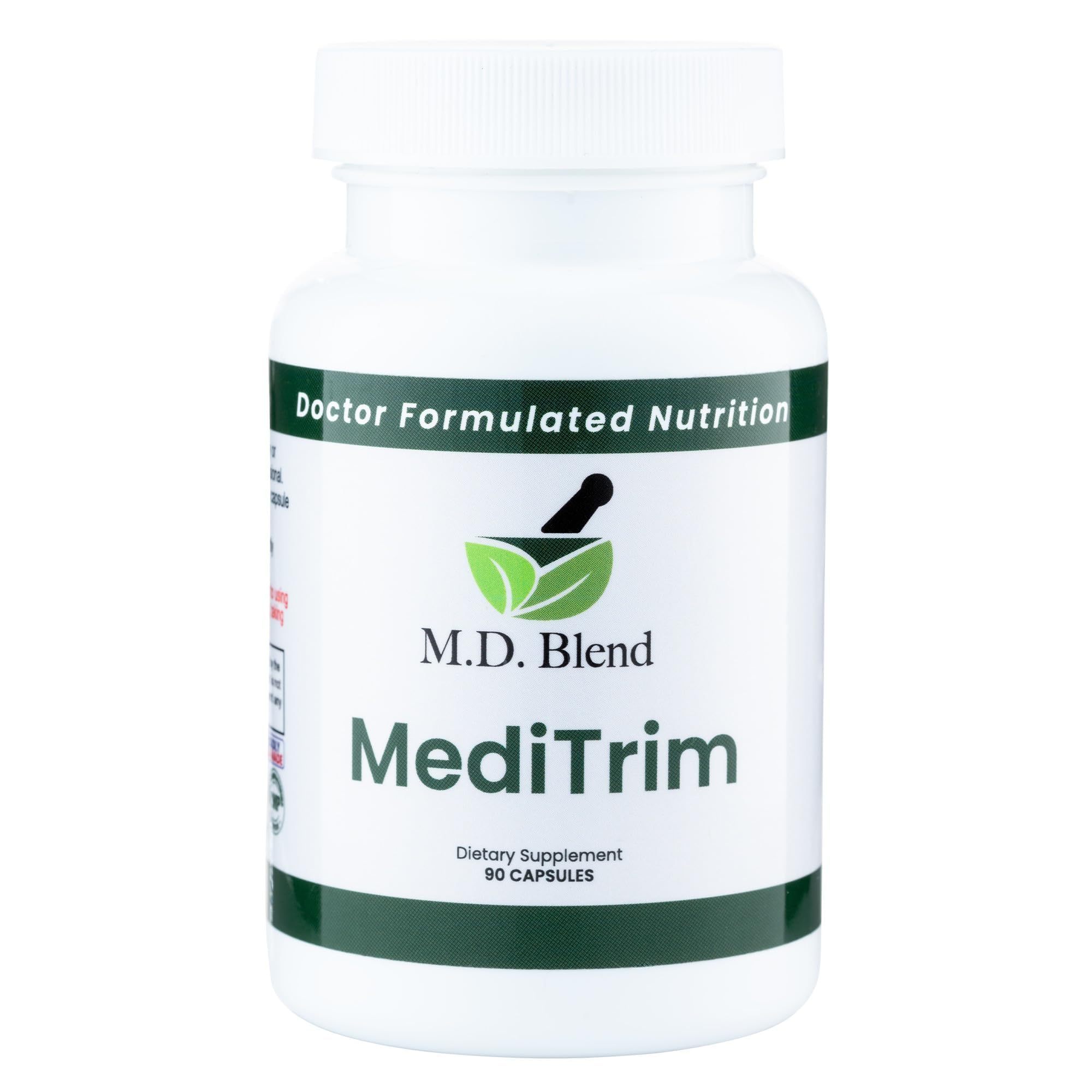 M.D. Blend MediTrim bottle on desk promoting steady energy and appetite balance.