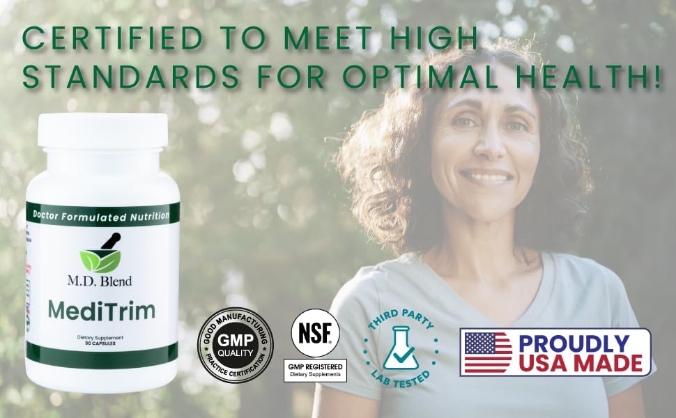 Lifestyle shot with MediTrim beside healthy meals and light activity.