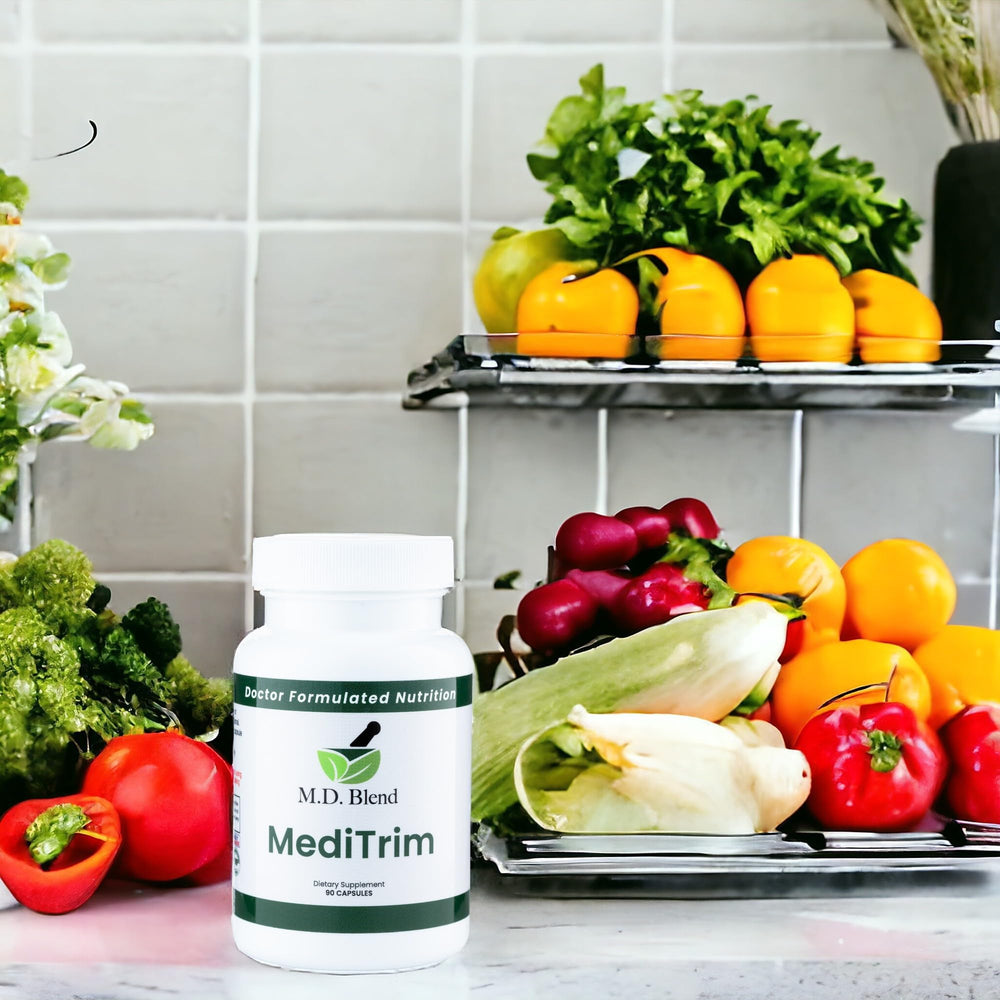 Green tea leaves alongside MediTrim bottle signaling refreshing energy.