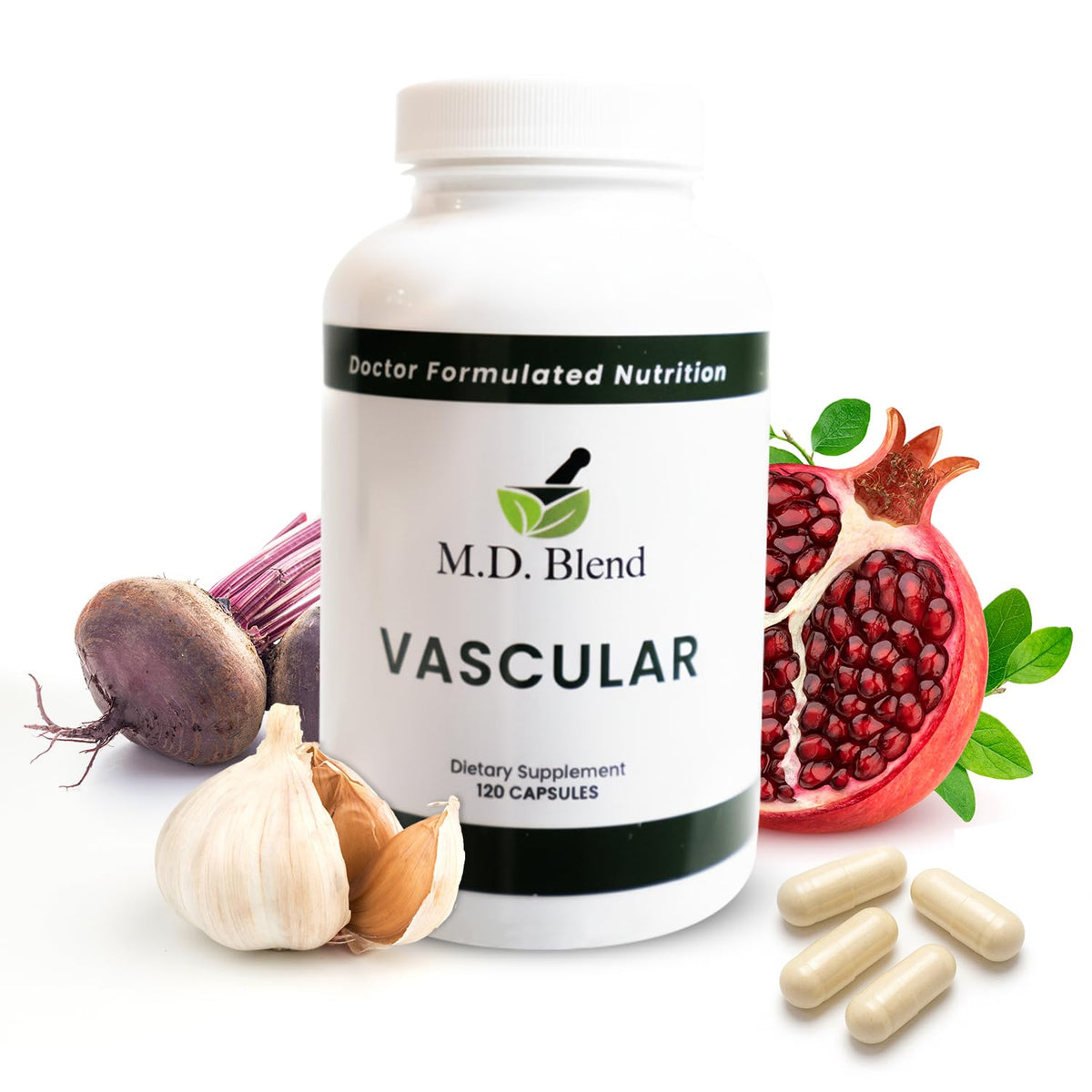 M.D. Blend Vascular supplement bottle front supports daily circulation.