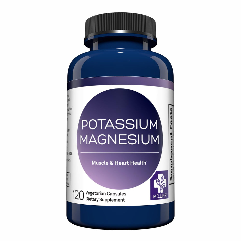 MD.LIFE Potassium Magnesium bottle shows high-absorption formula for daily wellness