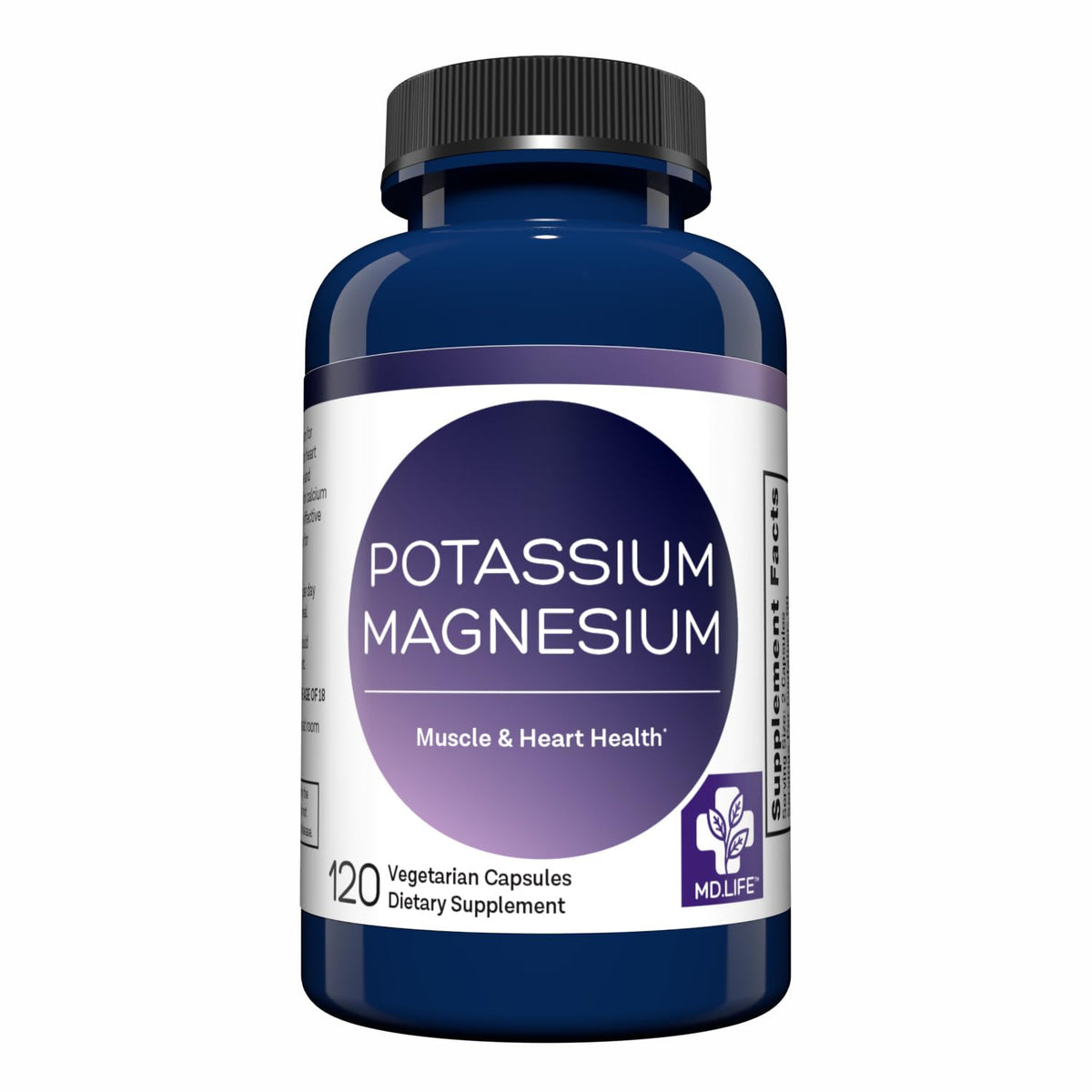 MD.LIFE Potassium Magnesium bottle shows high-absorption formula for daily wellness