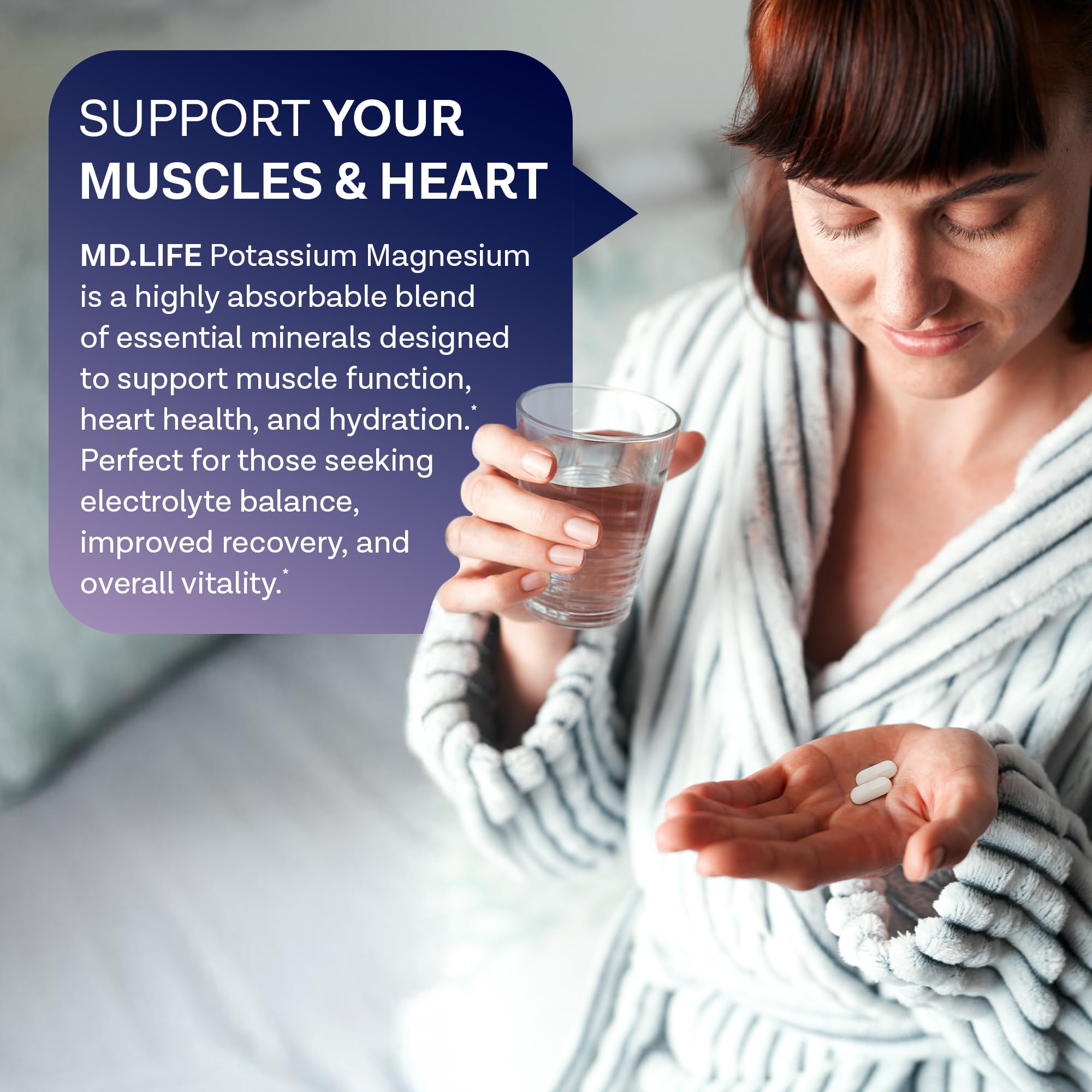 MD.LIFE potassium magnesium vegan symbol on bottle, plant-based supplement option