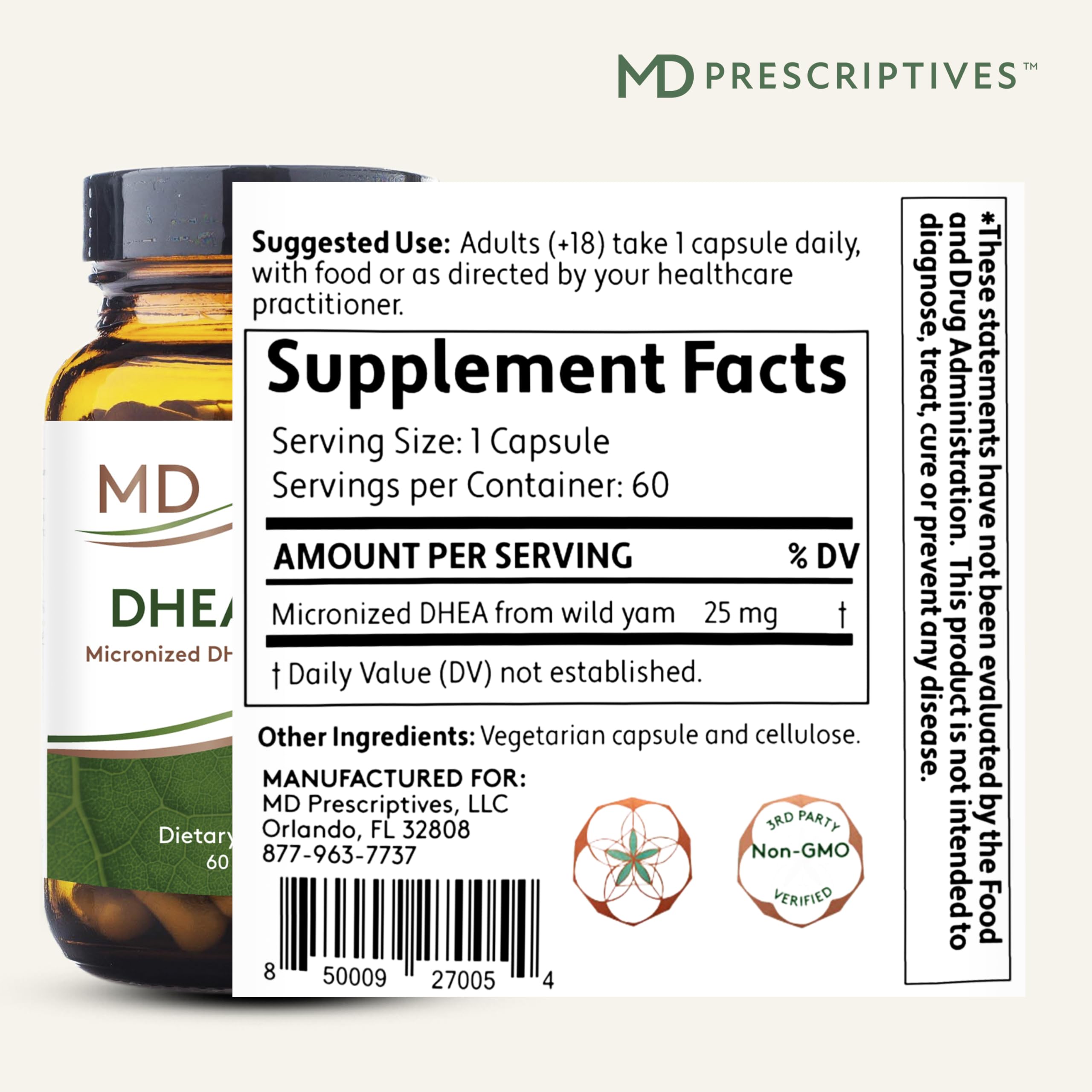 MD Prescriptives DHEA 25mg bottle side view, easy daily capsule
