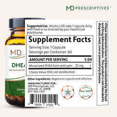 MD Prescriptives DHEA 25mg bottle side view, easy daily capsule