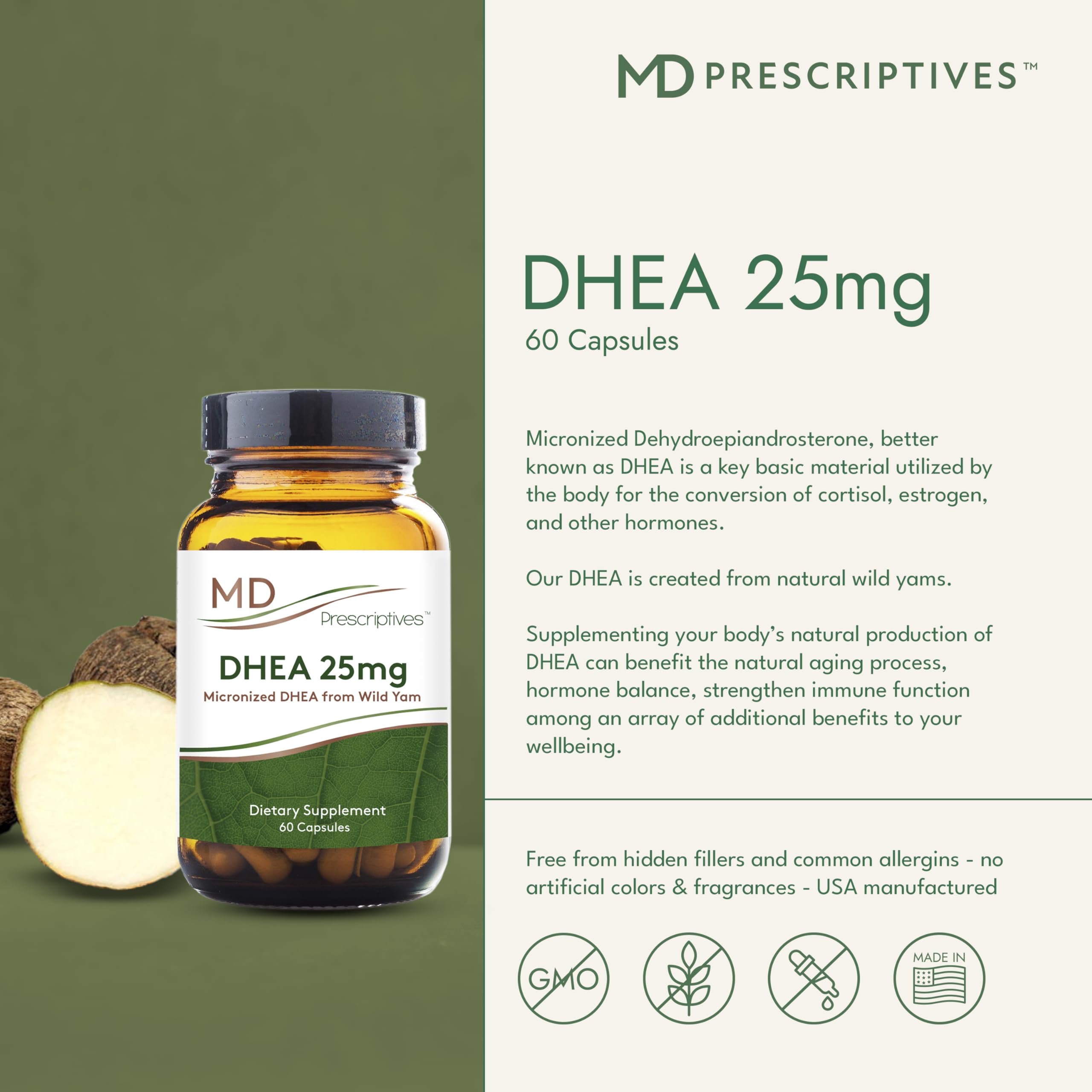 MD Prescriptives DHEA 25mg capsules close-up, vegetarian 25mg dose