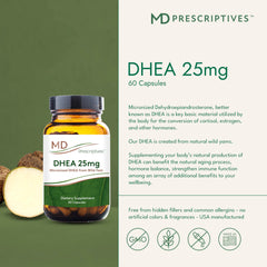 MD Prescriptives DHEA 25mg capsules close-up, vegetarian 25mg dose