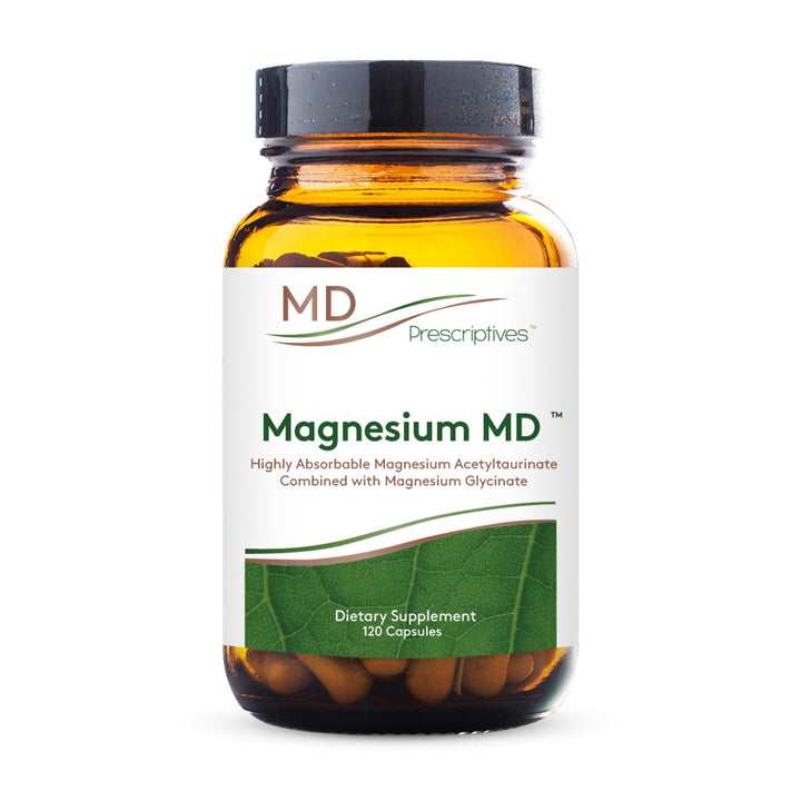 MD Prescriptives Magnesium MD bottle highlighting highly absorbable magnesium formula