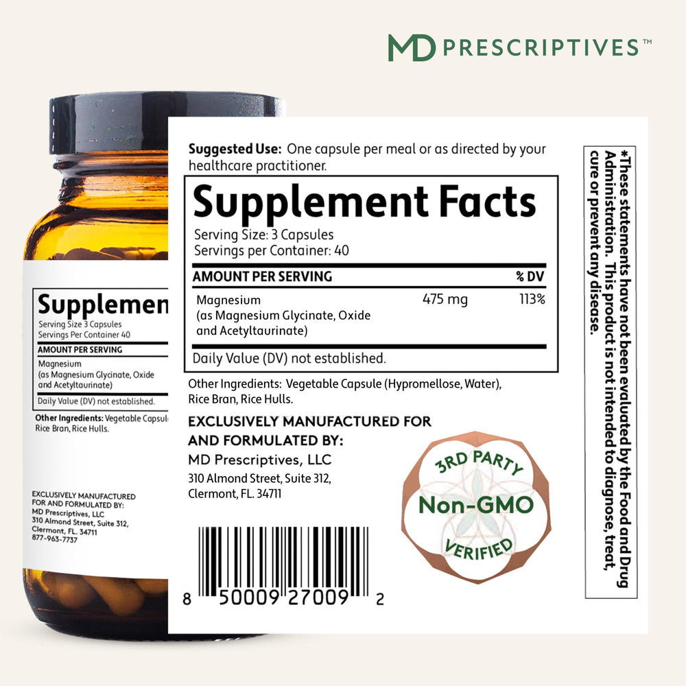 Magnesium MD capsules close-up emphasizing easy-to-swallow form