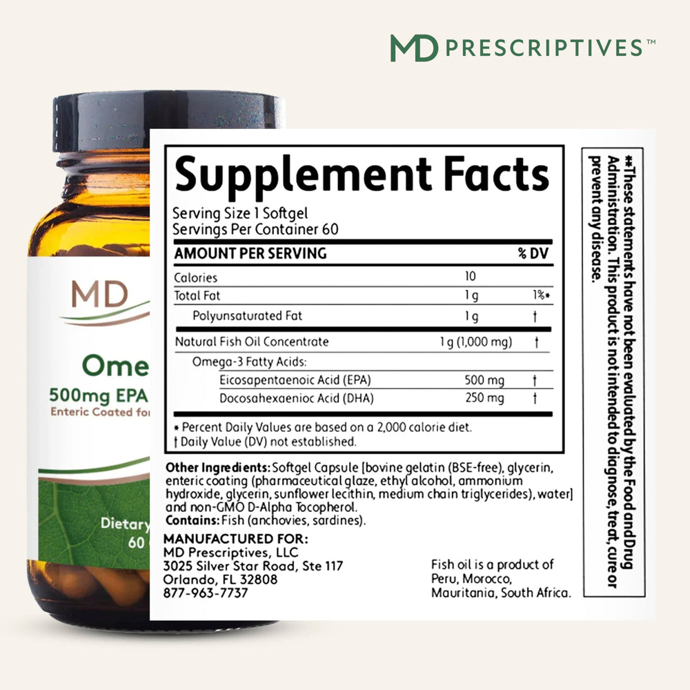 MD Prescriptives Omega MD bottle back label with ingredients for informed choices.