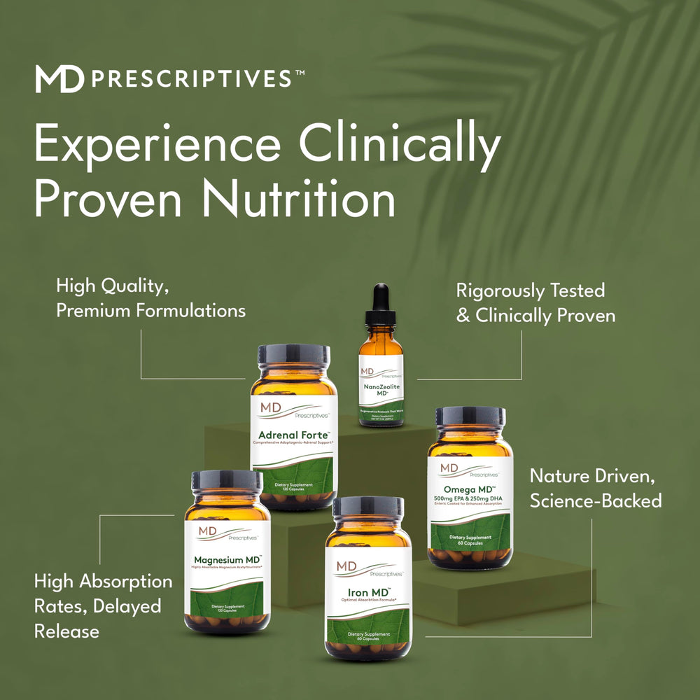 MD Prescriptives Omega MD bottle imagery suggesting brain, joints, and skin support.