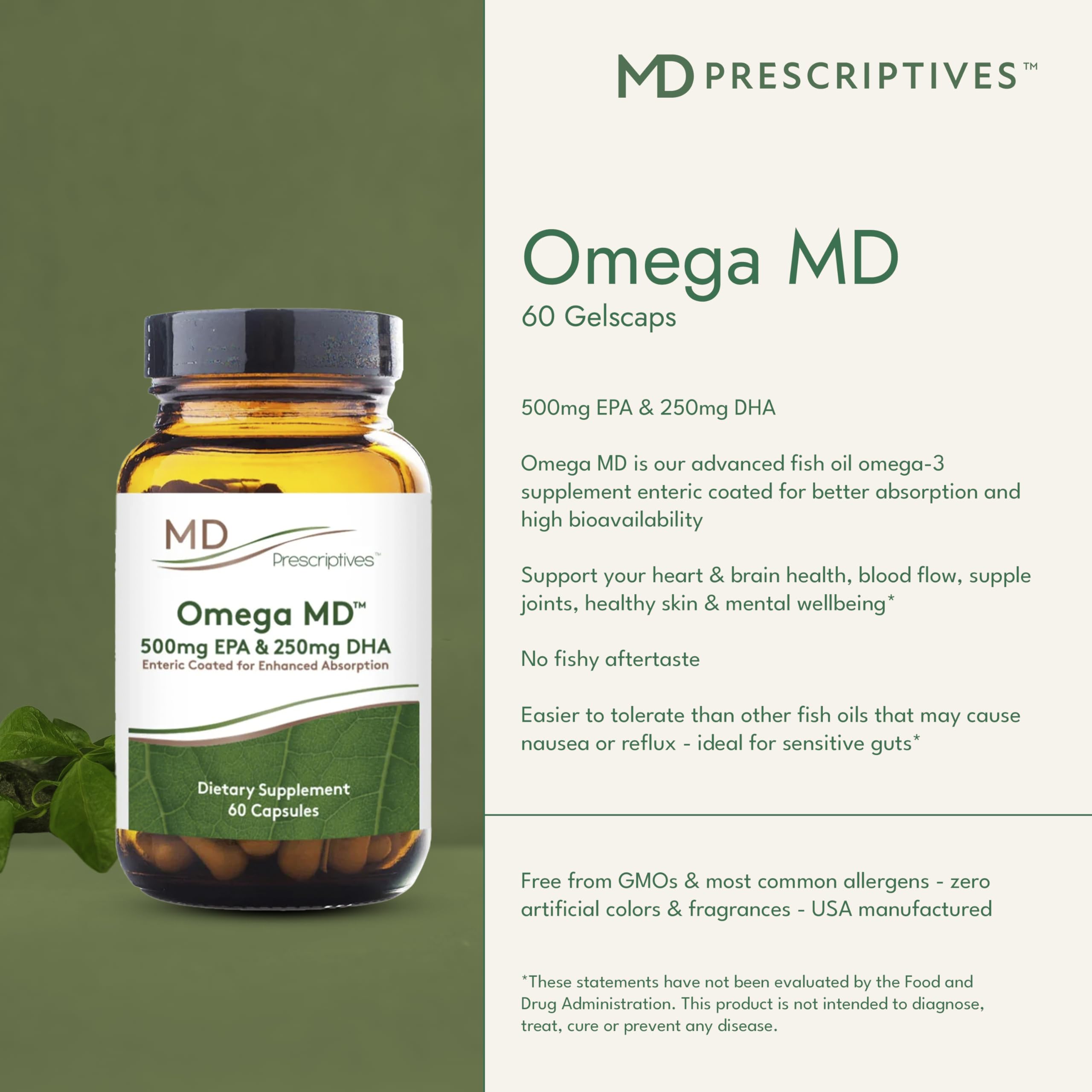 Close-up of MD Prescriptives Omega MD softgels for easy swallowing.