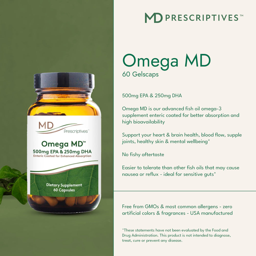 Close-up of MD Prescriptives Omega MD softgels for easy swallowing.