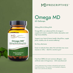 Close-up of MD Prescriptives Omega MD softgels for easy swallowing.
