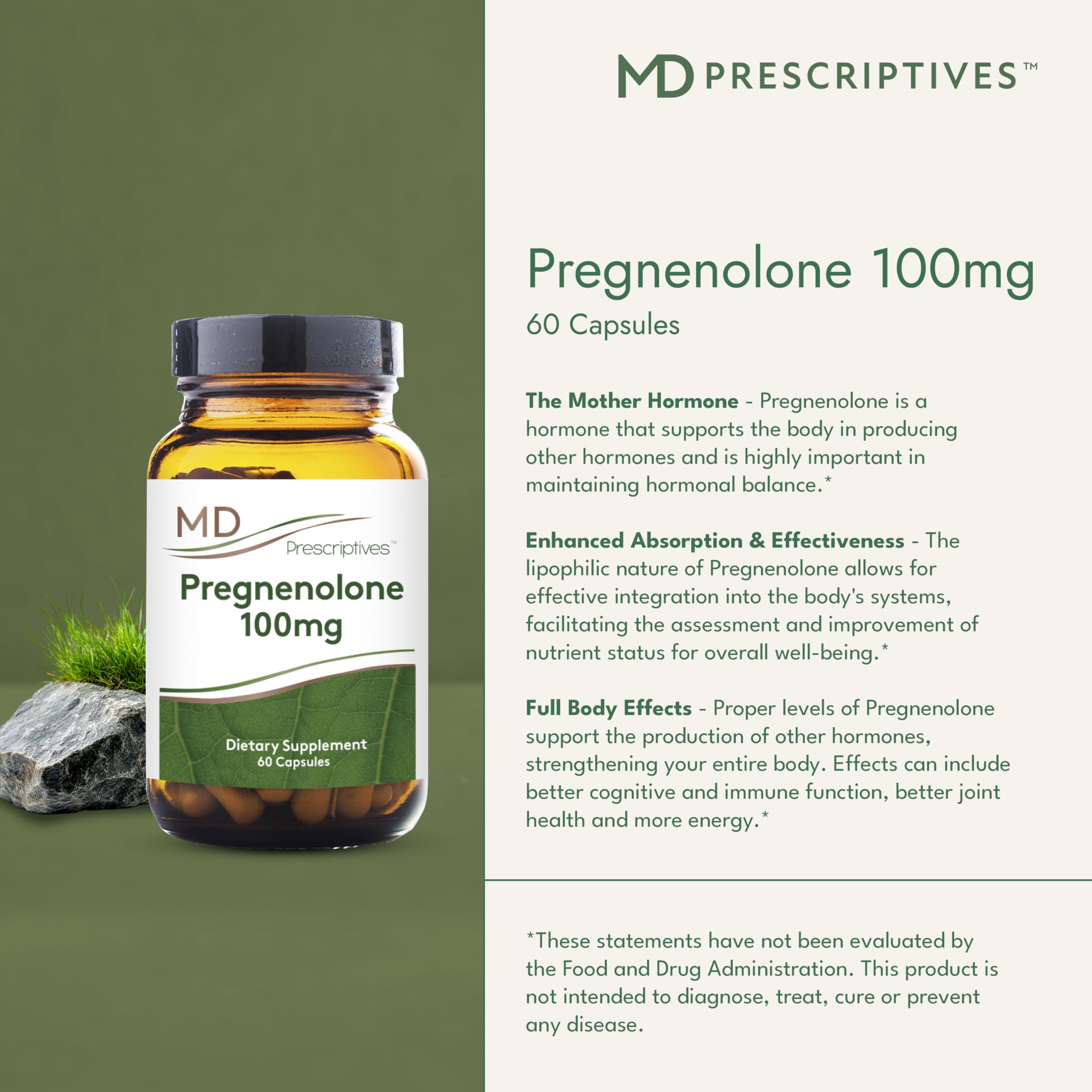 MD Prescriptives Pregnenolone label detail highlights vegan, non-GMO formula