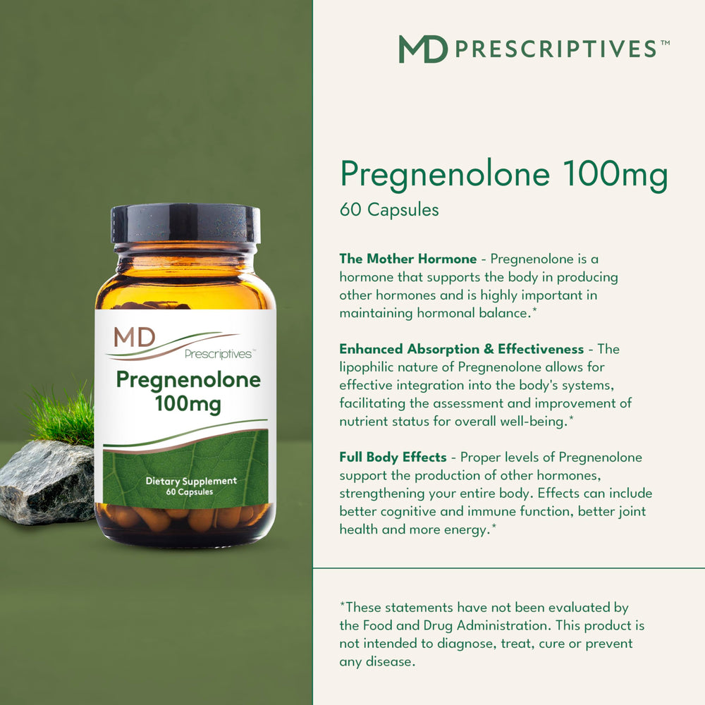 MD Prescriptives Pregnenolone label detail highlights vegan, non-GMO formula