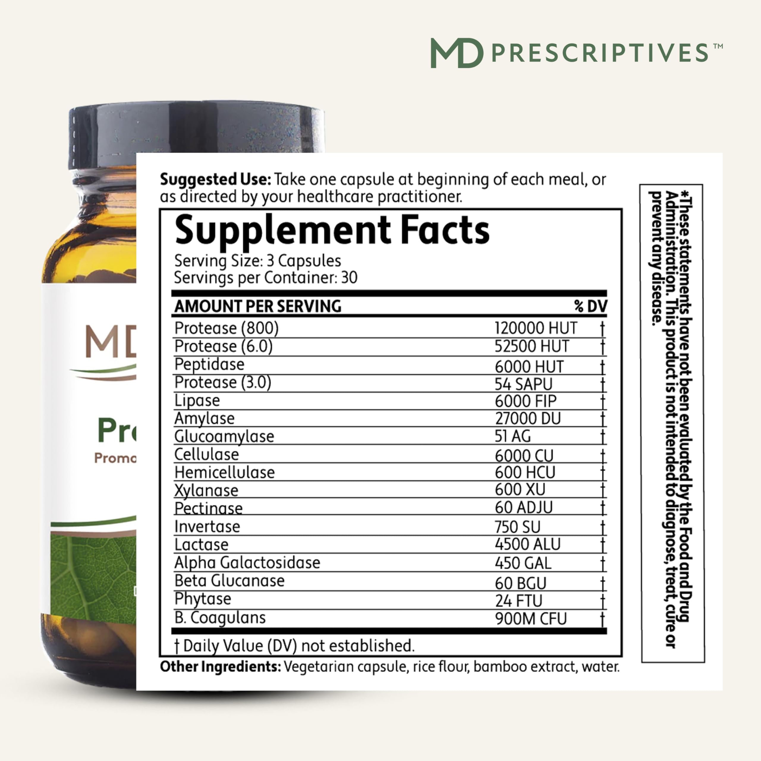 MD Prescriptives ProbioZyme bottle back detailing enzymes and probiotic blend for gut health.