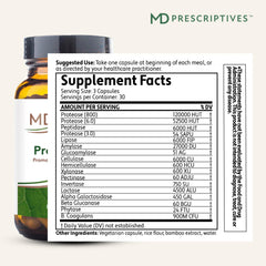 MD Prescriptives ProbioZyme bottle back detailing enzymes and probiotic blend for gut health.